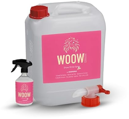 HOOFGOLD WOOW Spray per criniera per cavalli – Spray lucido e spray per coda con effetto wow – Spray a pettine leggero per criniera e coda – Extra cura per fregi, Tinker, Haflinger – conforme all'ADMR