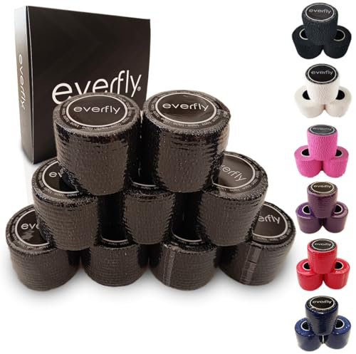 EVERFLY Tape Crossfit – 3 Rotoli da 5 cm x 4,5 m – Benda Elastica Coesiva Sportiva – Nastro Salvapelle – Cerotti Adesiva per Pesi - Bendaggi Autoadesiva Elastiche (9, Nero)