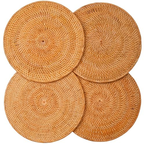 Decvel 4-Pack Rattan Placemats - 13-inch Round Placemats (Stained Brown) - Woven Place Mats, Round Table Mats - Wicker Chargers for Dinner Plates, Plate Chargers Boho