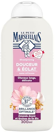 Le Petit Marseillais | Shampooing Douceur & Éclat Amande Douce et Graines de Lin Bio (flacon de 300 ml) – Shampoing pour cheveux longs et délicats – Soin cheveux brillance optimale sans silicone
