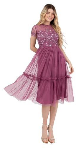 Maya Deluxe Women's Midi Dress Ladies Round Neck Sheer Short Sleeves Sequin Embellished Tulle Ruffle A-Line Wedding Guest Occasion, Rosa 50