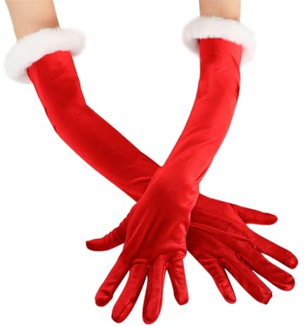 NICEYEA Long Velvet Gloves for Women winter Warm Mittens Evening Gloves Fancy Dress Wedding Prom Christmas Cosplay Halloween Party Costume Accessories (Red, one size)