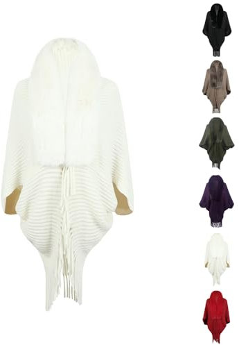 BFDSGWQ Lockerer, Dicker Strickschal für Damen, Strickschal mit Fransen und Pelzkragen, Kunstpelzschal für Damen (White,One Size)