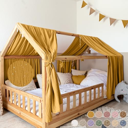 lilimaus Hausbett Himmel mit Gold Applikation [in 12 Farben] Betthimmel | Hausbett aus 100% Baumwolle Musselin - Stoffhimmel für Hausbett Deko Mädchen, Jungen - Himmel für Hausbett Kinderbett Vorhang