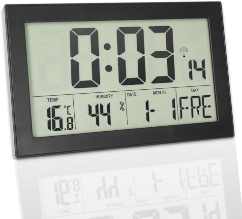 Crosstime Funkwanduhr Digital mit DCF Funkuhr | Temperatur & Luftfeuchtigkeit | Hintergrundbeleuchtung | Kalender | großes LCD Display | Wand- oder Tischuhr | Schwarz