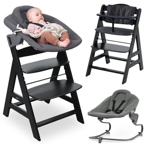 hauck Alpha+ Newborn Set mit Premium Bouncer Dark Grey - Baby Holz Hochstuhl ab Geburt mit Liegefunktion - extra flacher Aufsatz für Neugeborene & Sitzpolster - Schwarz
