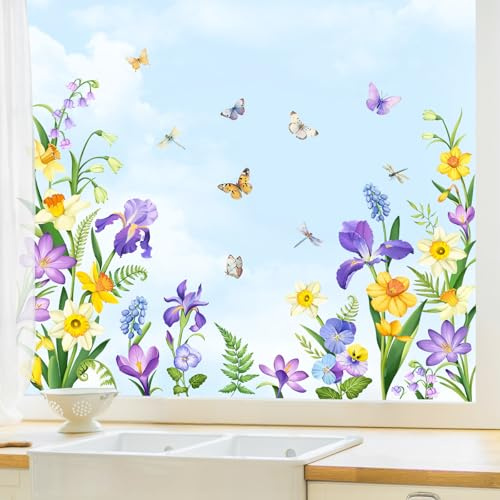 Tanlaby Fensterbilder Blumen Schmetterling Fensteraufkleber Sommer Frühling Fenstersticker Lila Wiesenflor Anti-Kollision Fenster Abziehbilder Glastüren Fensterdeko Aufkleber Wohnzimmer Küche Büro