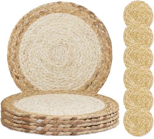 MI CASA Round Placemats and Coasters Set of 6, 30cm Natural Handmade Wooden Seagrass Water Hyacinth Table Mats Woven Wicker Place Mats for Home, Kitchen, Dining Table, Wedding