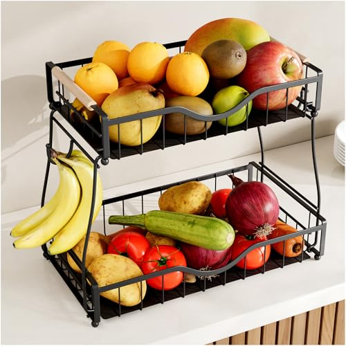THKVESN 2 Tier Fruit Basket for Kitchen Countertop with 2 Banana Hangers,Detachable Metal Fruit Bowl with Wooden Handles and Protective Pads,Large Capacity Fruit and Vegetable Basket Organizer,Black