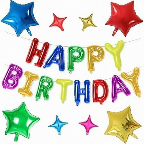 Fesnova Luftballons Bunt Happy Birthday Ballon Girlande Bunt,4 Farben Happy Birthday Folienballon Girlande Bunt mit Sternen,für Kinder Erwachsene Jungen Mädchen alles Gute zum Geburtstag Zeichen