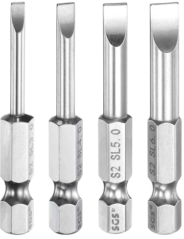 sourcing map Kit di 4 punte per cacciavite a taglio SL3+SL4+SL5+SL6 3+4+5+6mm punta a taglio 1/4 gambo esagonale 50mm (2) a testa piatta magnetica lunga S2 in acciaio cacciavite punte per trapano