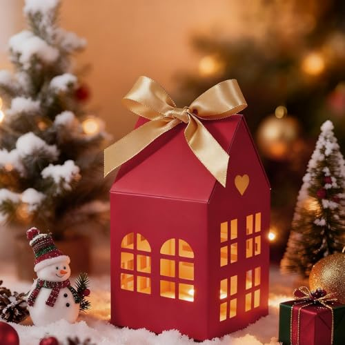24Pcs Cajitas Regalo Pequeñas Navidad Papel Kraft Casita Ahuecada, Cajas Navideñas Chuches Velas Detalles Dulces Recuerdos Regalitos Invitados Niños Calendario Adviento Decoración Mesa Fiesta (Rojo)