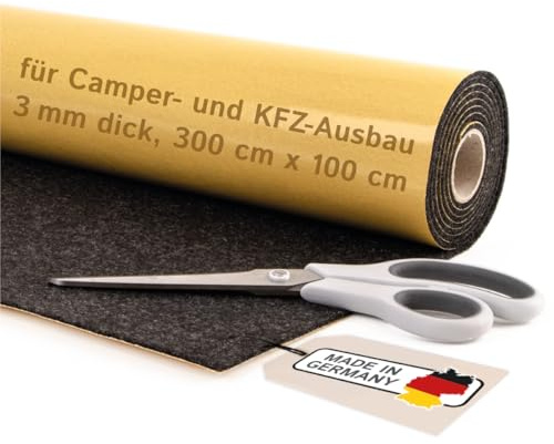 Selbstklebender Filz für Camper & Innenausbau – Meterware, Nadelfilz anthrazit, 300 x 100 cm, 3 mm dick – flexibel, isolierend - Made in Germany