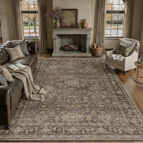WondRg 8x10 Washable Area Rug for Living Room Bedroom Vintage Brown Non Slip Carpet Traditional Retro Soft Low Pile Large Throw Rug for Dining Room Kitchen Office Indoor