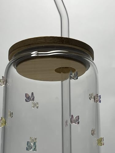 MOXYWAY Bicchiere in Vetro 470ml con Cannuccia – Tazza Riutilizzabile per Caffè Freddo, Coperchio in Bambù (Art déco)