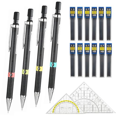 Rbleote 4 Pièces Porte Mine, Criterium 0.3, 0.5, 0.7, 0.9mm, Avec 12 Boîtes Mines HB, 2 Équerres à Poignée Amovible, Crayons Mécaniques Set, Criterium pour Dessin et Écriture
