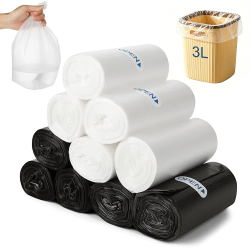 300 stycken små soppåsar 3 l, 30 x 35 cm, punktbrutna minisoppåsar för bordsoptunna, bilsopkorg, hygienpåsar och biomsoppåsar för badrum, kontor, kök, vit svart