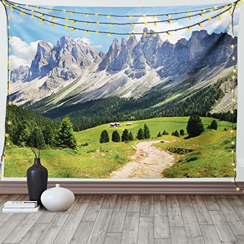 ABAKUHAUS Natur Wandteppich, Pathway to Wald Alpen aus Weiches Mikrofaser Stoff Waschbar ohne Verblassen Digitaldruck, 150 x 110 cm, Grün Weiß Blau