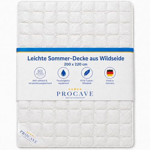 PROCAVE Wildseide Exquisit Qualitäts-Bettdecke für den Sommer 200x220cm, leichte Sommerbettdecke, Tussahseide, aus der Natur, atmungsaktiv & wärmeausgleichend, 100% aus Deutschland