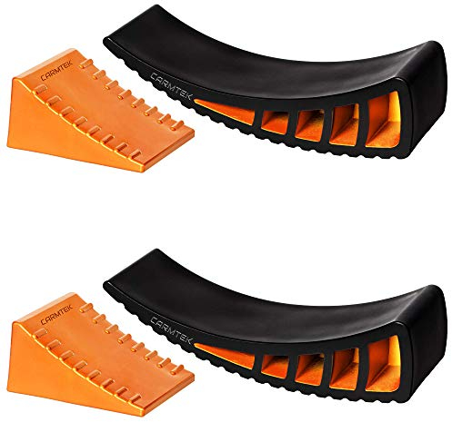 CARMTEK Camper Leveler 2-Pack Kit | Curved RV Levelers with Trailer Wheel Chocks for Dual Axle Trailers | Faster RV Leveling System Than RV Leveling Blocks | RV Accessories for Travel Trailers