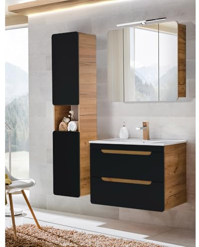 Badmöbelset in seidenmatt anthrazit mit Wotan Eiche Nb. NEW-Luton mit 81 cm Keramik-Waschtisch & LED-Spiegel, B/H/T ca. 130/200/46 cm