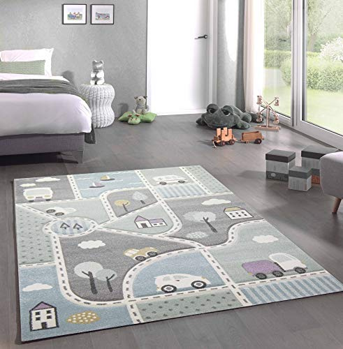 CARPETIA Teppich Kinderzimmer Kinderteppich Matte Auto blau grün Größe 200 x 290 cm