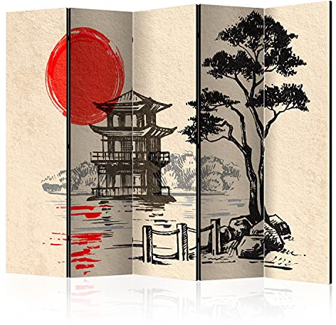 murando - Paravent Raumteiler japanische Landschaft, 225x172 cm, 5-teilig | Mobiler Sichtschutz, sofort einsatzbereit, Holzrahmen, ideal fürs Wohnzimmer oder Büro, geruchsneutral, lichtbeständig