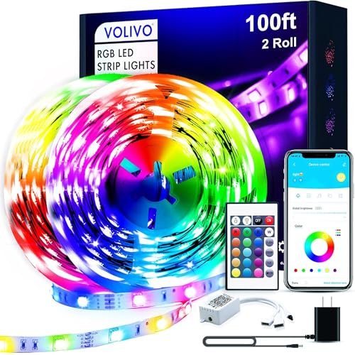 VOLIVO 100ft Led Strip Lights for Bedroom, Color Changing Led Light Strips Kit with Bluetooth App Control and IR Remote, RGB Music Sync Lighting for Room, Home Decor