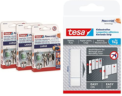 tesa Powerstrips Large im 3er Pack - Doppelseitige Klebestreifen & Powerstrips Tapete&Putz - doppelseitige Klebestreifen für Tapete und Gips - Haltekraft 1,0 kg/Nagel - 1 x 6 Streifen