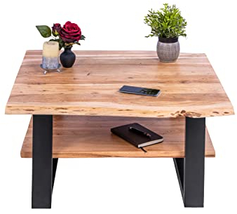SAM Couchtisch 90x90 cm Patrick, Sofatisch mit Ablage, Akazienholz massiv + naturfarben + lackiert, Beistelltisch mit schwarzem U-Metallgestell, echte Baumkante