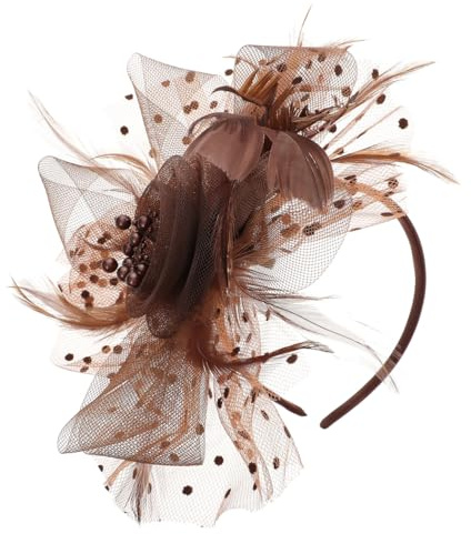 minkissy Fascinators Hut Hochzeitshut Kopfbedeckung Vintage, Blumennetz-Bänder, Federn auf einem Stirnband und einem Clip, Vintage-Kopfbedeckung für Cocktail- und Teepartys für Frauen (Kaffee)