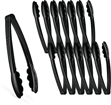 [Black Tongs 7.5'' Inches] Plasticpro 7.5'' Serving Tongs Heavy Duty Reusable Kitchen and BBQ Black Serving Tong for party's, Caterings, Events, Buffet, Weddings, And every Day use Pack of 12