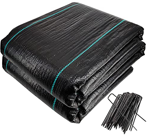 VOUNOT® Telo Pacciamatura 2m x 25m 100g/m², con 50 Picchetti a U, Telo Anti Erbacce per Orto, Giardino, Stabilizzazione UV, Nero