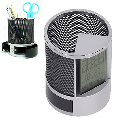 BTOSEP Alarm Clock Pen Holder,Digital Alarm Clock Pen Holder Perpetual Calendar Pen Holder Multifunctional Electronic Clock Pen Holder Black,11x8.5x8.5cm