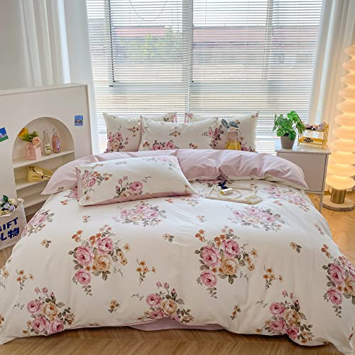 Yaofeiou Blumen Bettwäsche 135x200cm Damen Mädchen Bettwäsche Rosa Blumen Muster Bettbezug Baumwolle Deckenbezug Weiß Rosa Wendebettwäsche mit Reißverschluss und 1 Kissenbezug 80x80