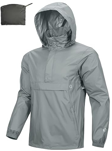 Outdoor Ventures Regnjacka för män, packbar, vattentät regntröja, GRÅ, L