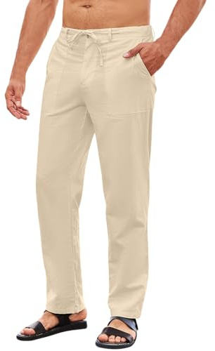 LVCBL Herren Leinenhose Leicht Herren Sommerhose Lang Freizeithose mit Taschen Khaki 3XL