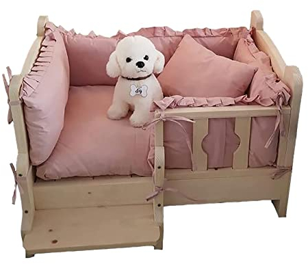 ppARK Haustierbett Hundebett aus massivem Holz, erhöhtes Haustierbett mit Bettwäsche und Treppen, Hundehütte, Schlafsofa für Haustiere, Couch, Hundehütte, geeignet für Katzen und kleine Hunde