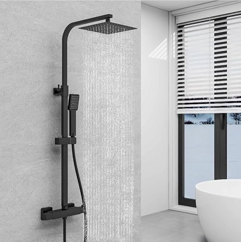 SKY Bathroom Thermostatic 38℃ Shower Set Exposed Valve, Shower Bar Set with 8 inches Rainfall Shower Head and Handheld Shower, Adjustable Height Thermostatic Shower System, Matte Plated, Square Shape