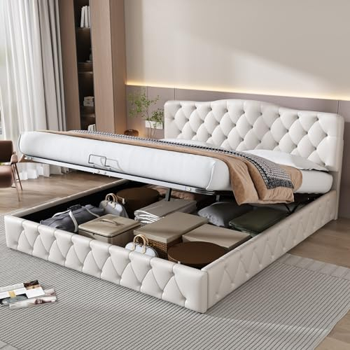 Skcess Polsterbett 180X200 Mit Lattenrost Und Kopfteil, Jugendbett, Polsterbett Mit Stauraumbett, Holzlattenunterstützung, Einfache Montage, Pu, Weiß