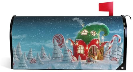 Sipeigyd Christmas Elf House Mailbox Cover Candy Cane Snow Magnetic Post Box Wrap PVC Standard Size AA Letterbox Cover Decorative for Garden Yard Decor Mail Box Waterproof