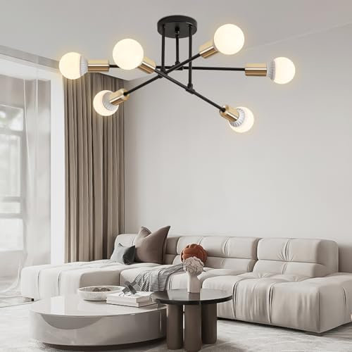BRIMETI Lamparas de Techo Industrial Vintage Sputnik Plafon Techo Bombilla E27 de 6 Luces Moderna Negro Retro Lámparas de Techo para Salón, Dormitorio, Comedor, Cocina, Sin Bombilla (Oro Negro)