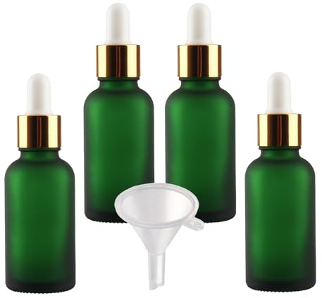 LusDoly 4 Stück 30ml Leere Matt Grün Glas Pipettenflasche,Glasflasche mit Gold Pipette, Stichprobe Glaspipette Tropfflasche für Aromatherapie ätherische Öle