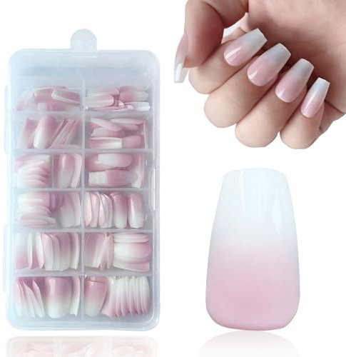 SanFangyue Unghie Finte- Bara Corta French Press on Nails, Tip in Gel per Unghie French Artificiali Fake Nail Tips Stick, 168 Pezzi Nail Art DIY per Donne e Ragazze, Marrone (Squre Gradient Pink)