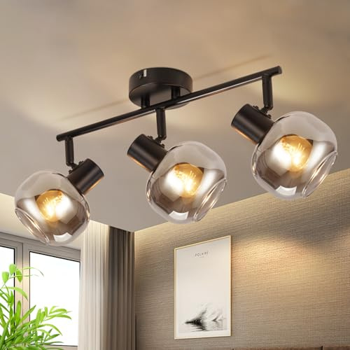 CBJKTX Deckenlampe Schwarz Deckenstrahler 3 Flammig - Glas Modern Deckenspots 350° Schwenkbar Deckenleuchte E14 Strahler küchenlampe für Flur Küche Wohnzimmer Schlafzimmer（Rauchgrau ）