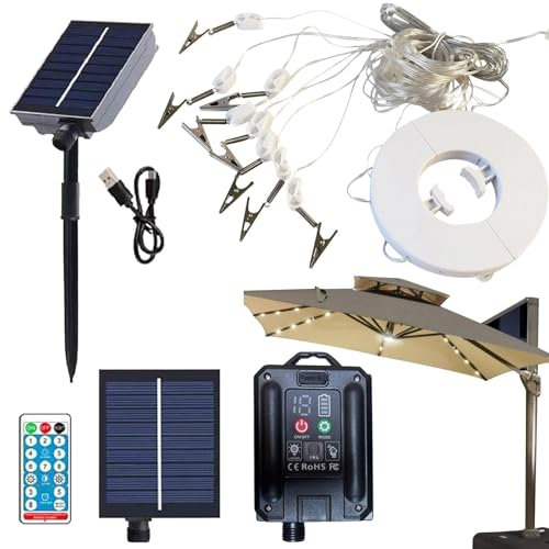 Lámparas solares para sombrilla - Lámparas impermeables para sombrilla de jardín, guirnalda de luces LED para sombrilla | Luces de paraguas de jardín con batería solar, carga USB, poste de parap
