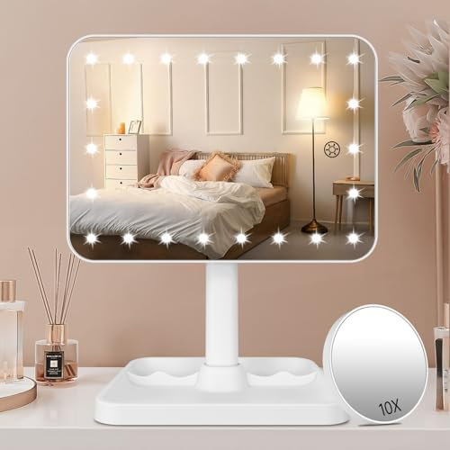 FASCINATE Rechargeable Makeup Vanity Mirror with Lights, Light Up Vanity Mirror for Dressing Table Bathroom Desk, Dimming Touch Sensor Portable Travel Mirror with Detachable 10X Magnifying (L1C_White)