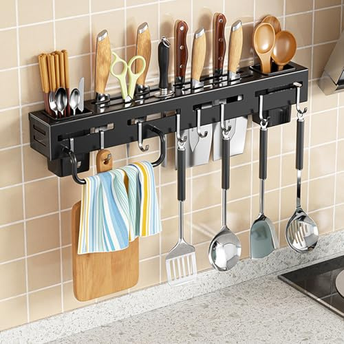 Yxmohala Messerständer Messerhalter Küchenregal Hängend - Installation ohne Stanzen, Starke Tragfähigkeit, Mit Organizer für Stäbchen, Schwarz