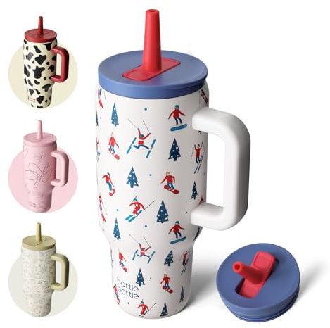 bottlebottle BOTTLE BOTTLE 30oz (900ml) Kaffeebecher aus Edelstahl mit Griff & Strohhalm – BPA-frei, doppelwandig, auslaufsicher – für Reise, Büro, Uni, Sport & als Geschenkidee geeignet (Skifahren)