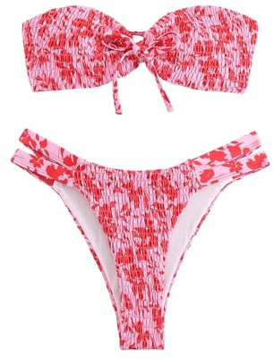 GORGLITTER Damen Bandeau Bikini Sets Trägerloses Bikinioberteil High Waist Tanga 2 Piece Strandmode Zweiteiliger Swimsuits Bikinis mit Blumendruck Rosa M